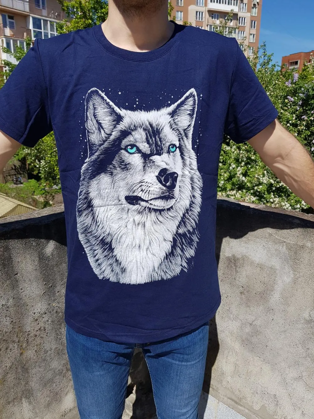 3D Wolf Head Man Round Collar Short Sleeve T-Shirt