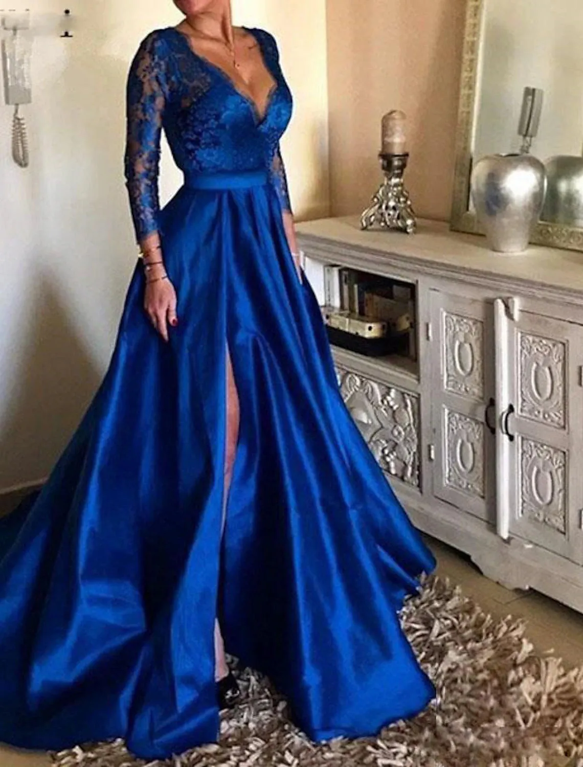 A-Line Evening Gown Floral Dress Party Wear Formal Evening Floor Length Long Sleeve V Neck Tulle with Pleats Appliques