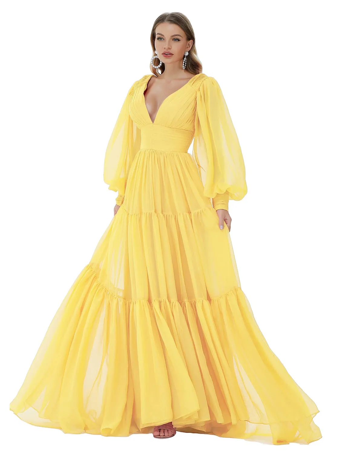 A-Line Prom Dresses Sexy Dress Party Wear Formal Evening Sweep / Brush Train Long Sleeve V Neck Chiffon with Ruched