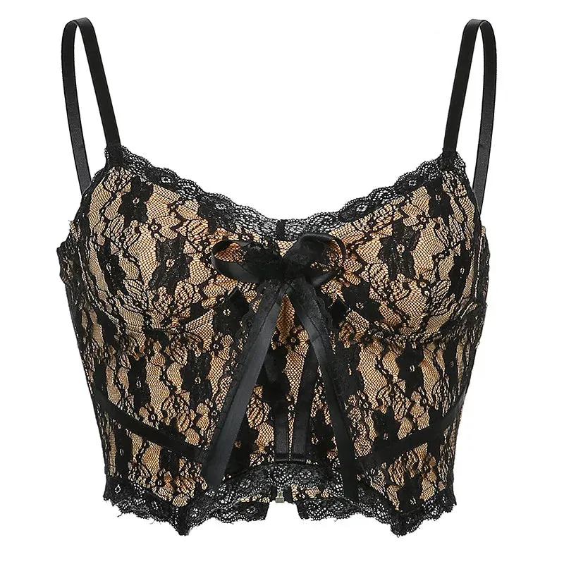 Aesthetic Lace Dark E Girl Double Layer V Neck Sexy Crop Top