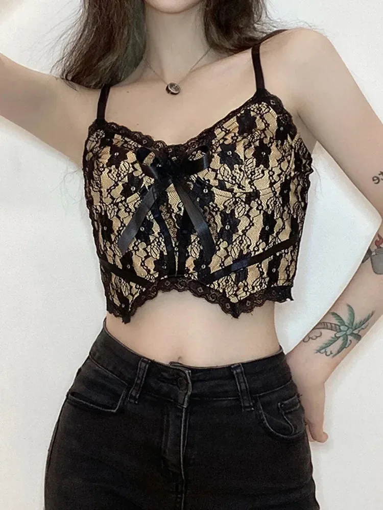 Aesthetic Lace Dark E Girl Double Layer V Neck Sexy Crop Top