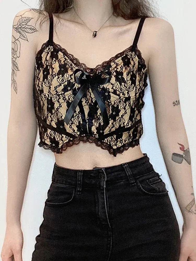 Aesthetic Lace Dark E Girl Double Layer V Neck Sexy Crop Top