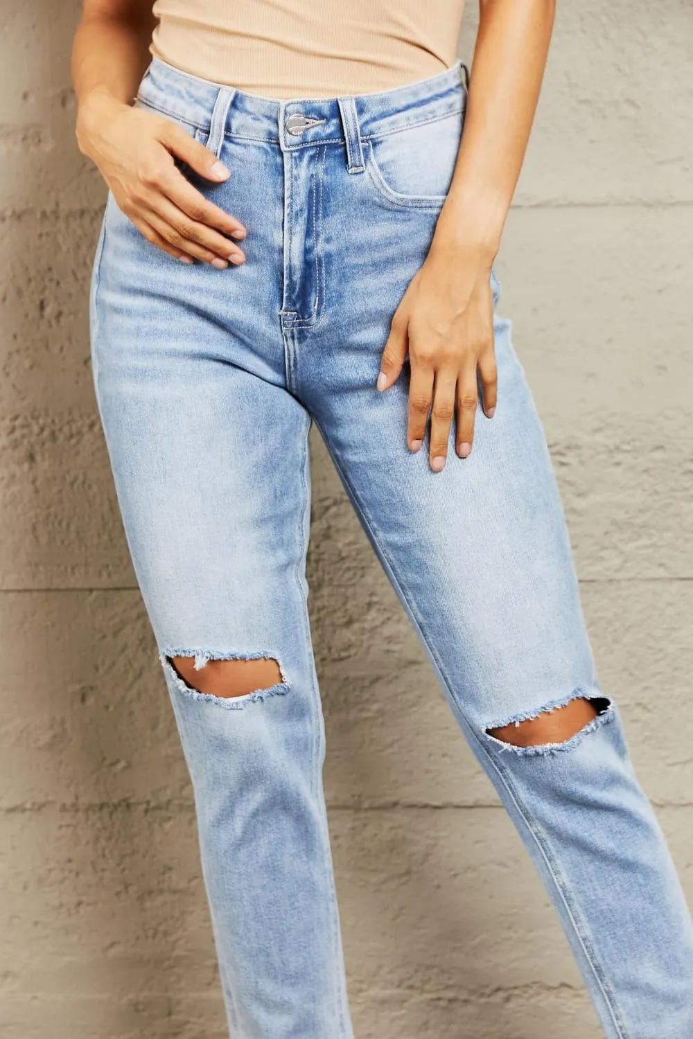 BAYEAS High Waisted Distressed Slim Jeans