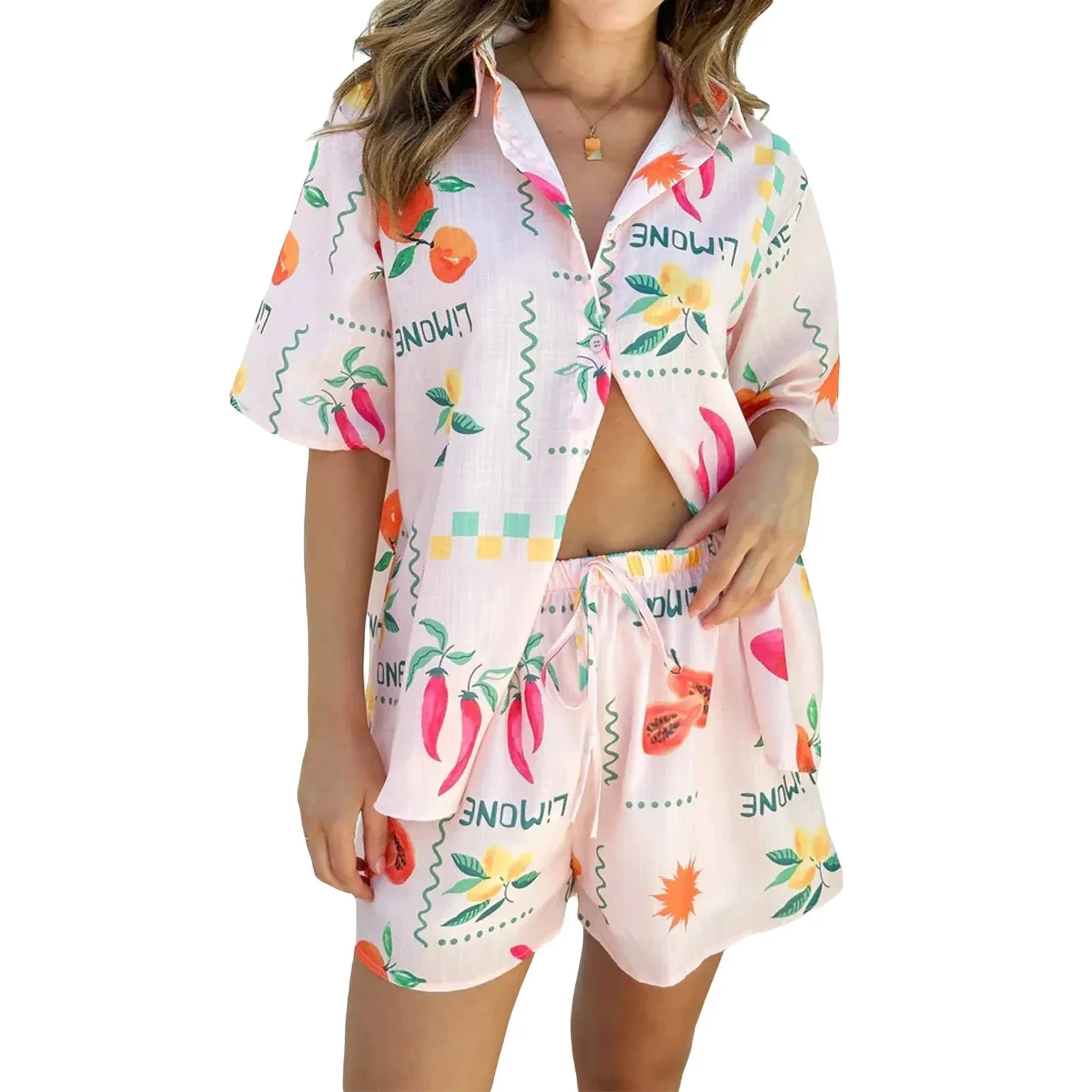 Blouse Hawaiian Elastic Waist Shorts Summer Beach Floral Pajamas