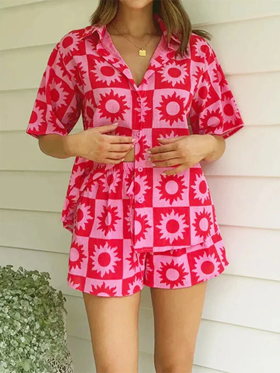 Blouse Hawaiian Elastic Waist Shorts Summer Beach Floral Pajamas