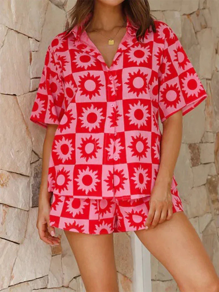 Blouse Hawaiian Elastic Waist Shorts Summer Beach Floral Pajamas