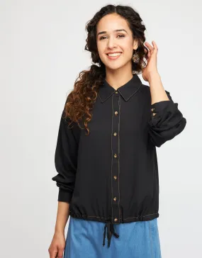 Button Down Drawstring Shirt Black