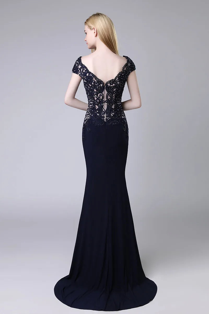 Charming Formal Black Short Sleeves Mermaid Long Evening Dress