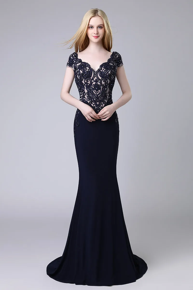 Charming Formal Black Short Sleeves Mermaid Long Evening Dress