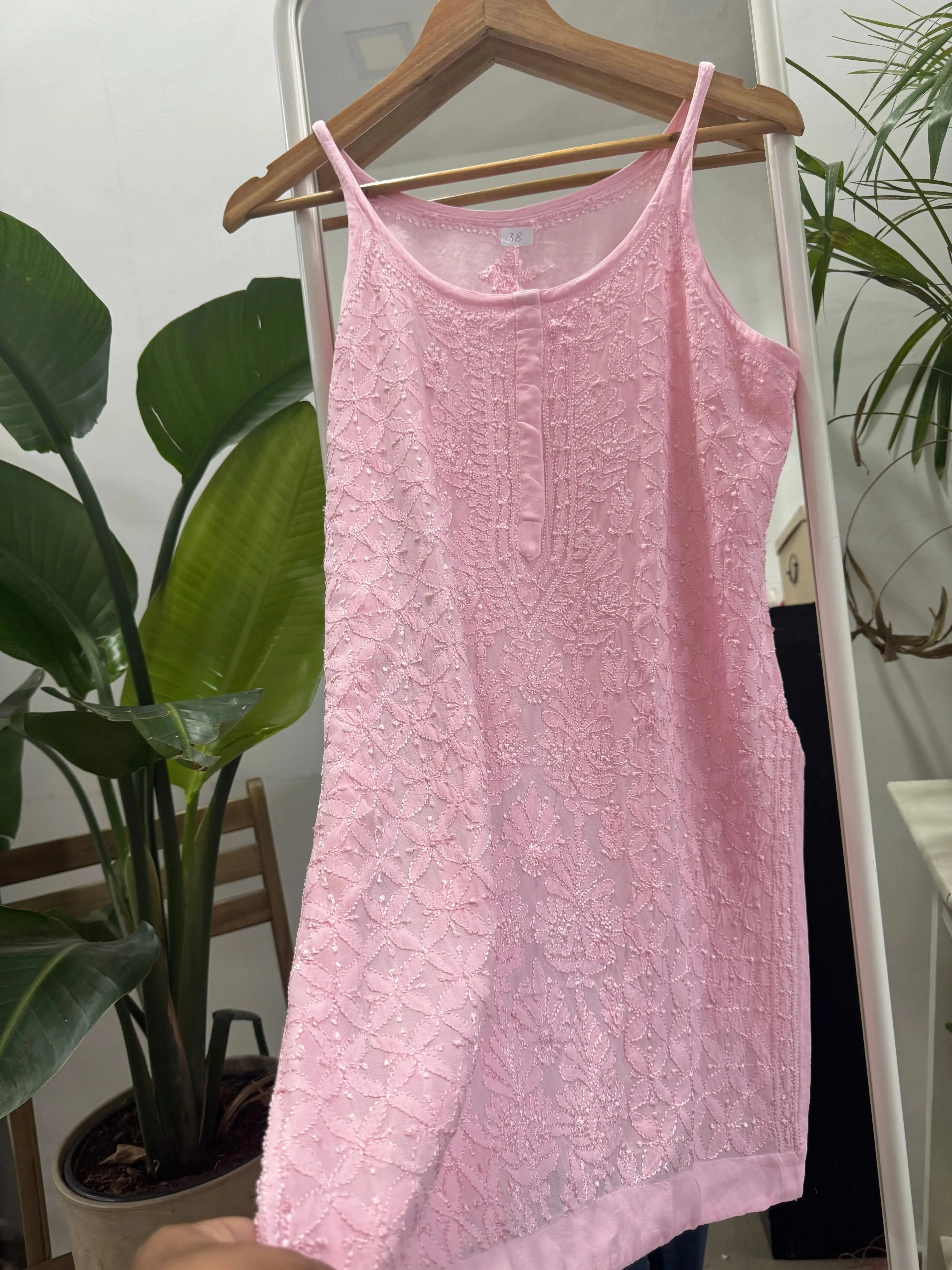 Chikankari Noodle Strap Top in Pink