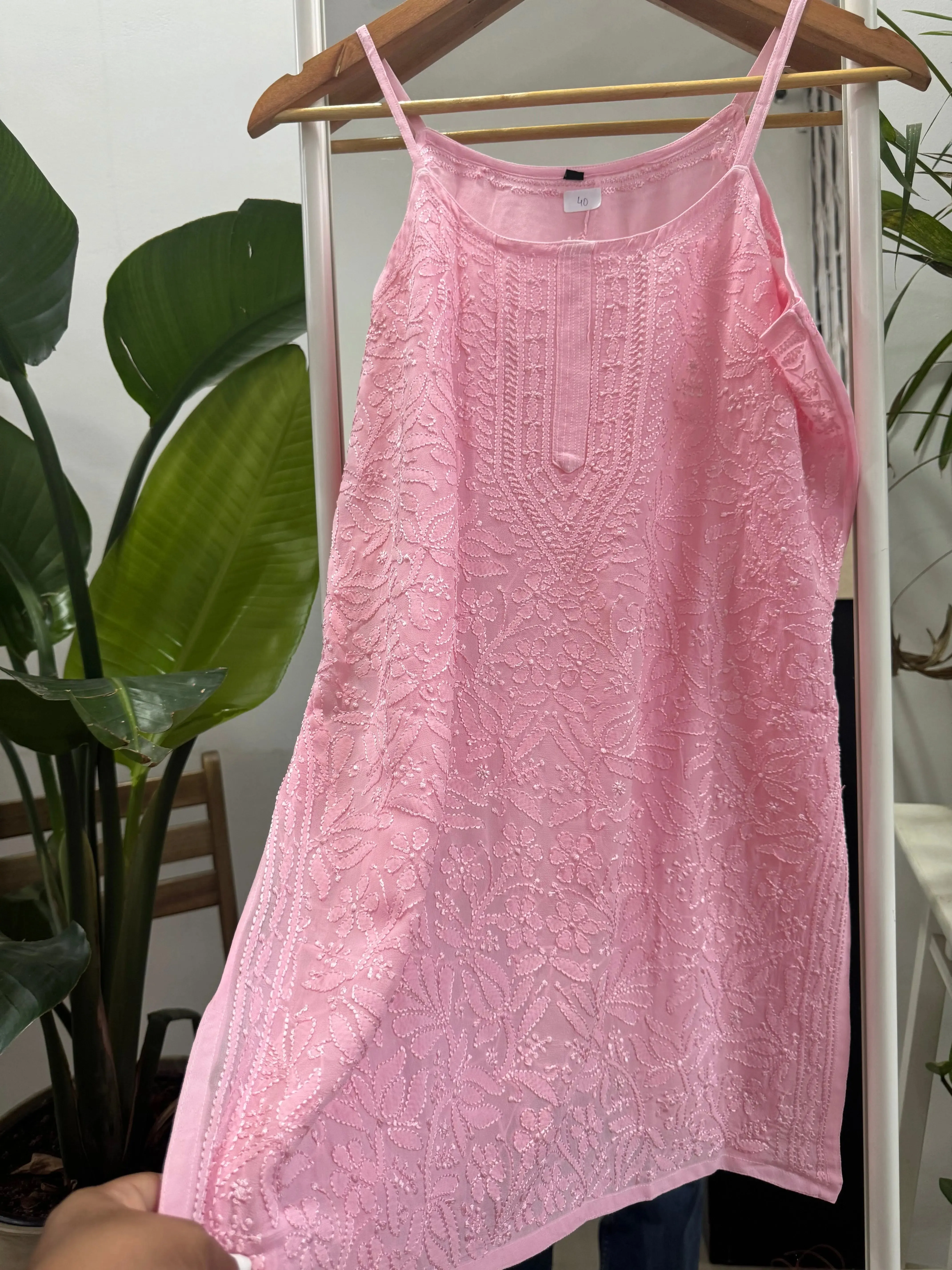 Chikankari Noodle Strap Top in Pink