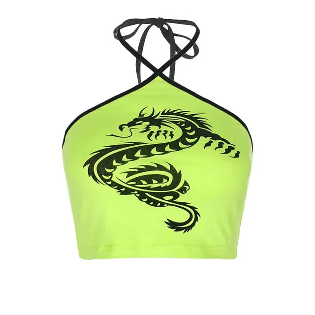 Chinese Style Dragon Print Cute Crop Top Sexy Slim Outfit Tank Top Sleeveless