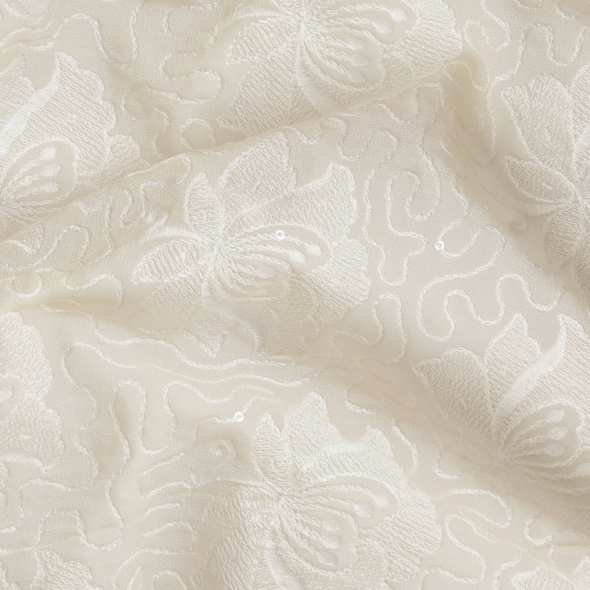 Cream Embossed Floral Georgette Fabric - 110 cm Width, Elegant Textured Finish, Ideal for Luxurious Garments-D19152