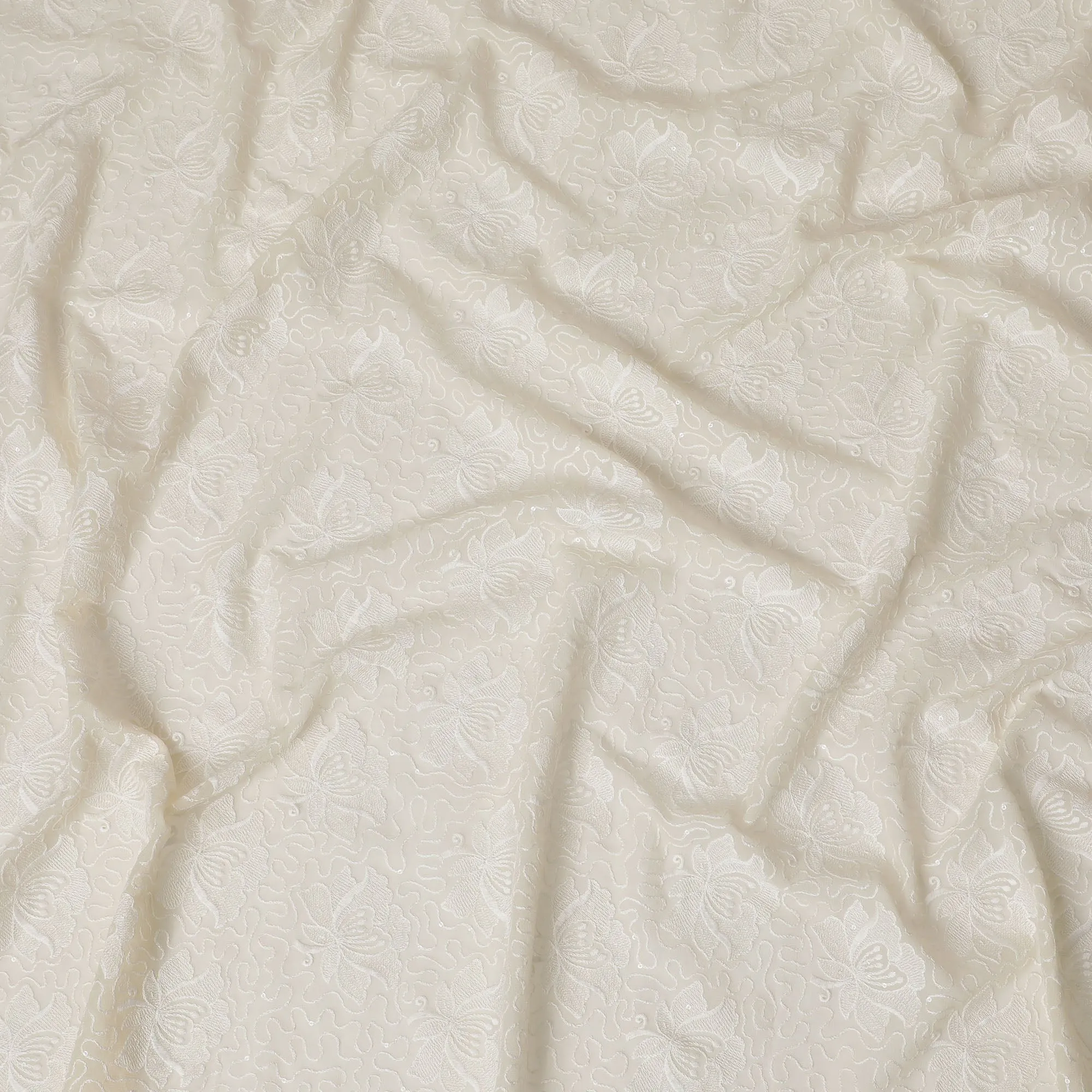 Cream Embossed Floral Georgette Fabric - 110 cm Width, Elegant Textured Finish, Ideal for Luxurious Garments-D19152