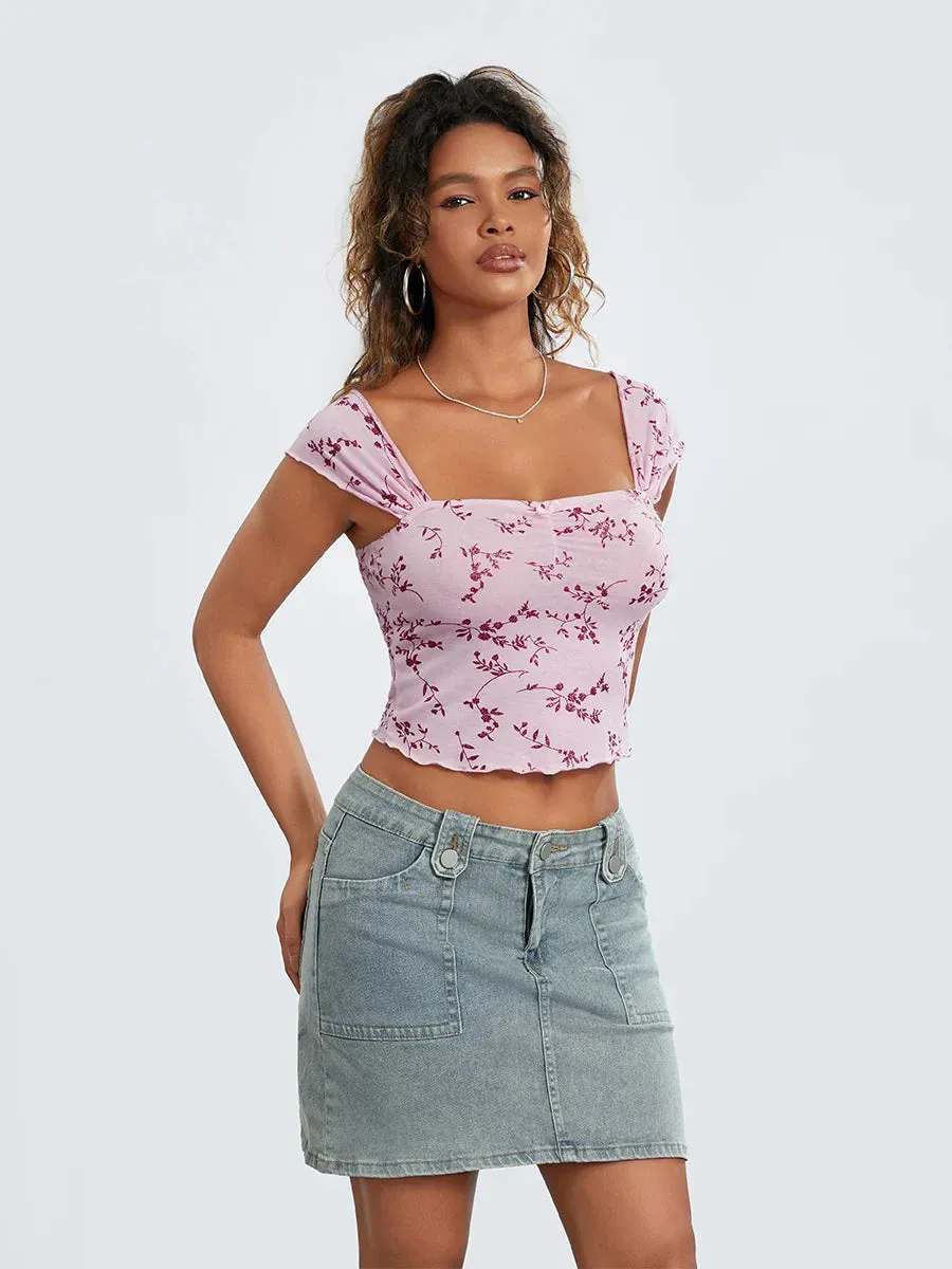 Crop Short Sleeve Square Neck Slim Fit Printing Streetwear Crop Floral Top