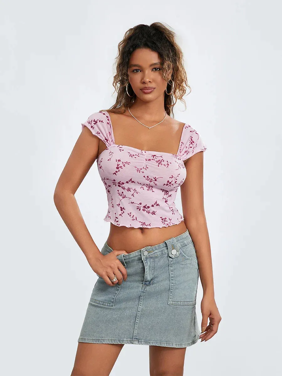 Crop Short Sleeve Square Neck Slim Fit Printing Streetwear Crop Floral Top