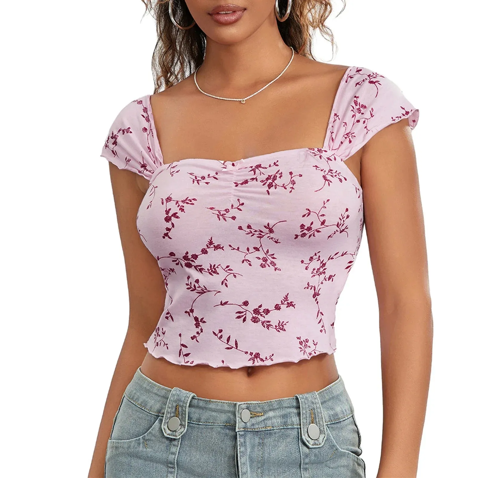 Crop Short Sleeve Square Neck Slim Fit Printing Streetwear Crop Floral Top