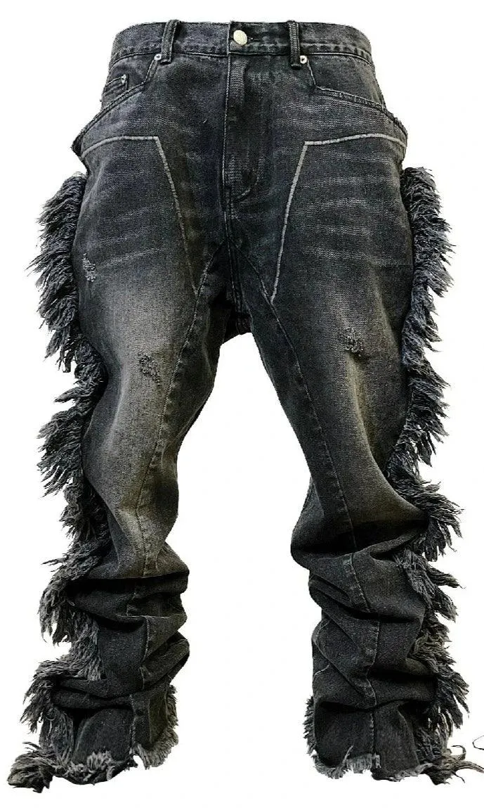 Distressed Fur-Trimmed Gothic Jeans