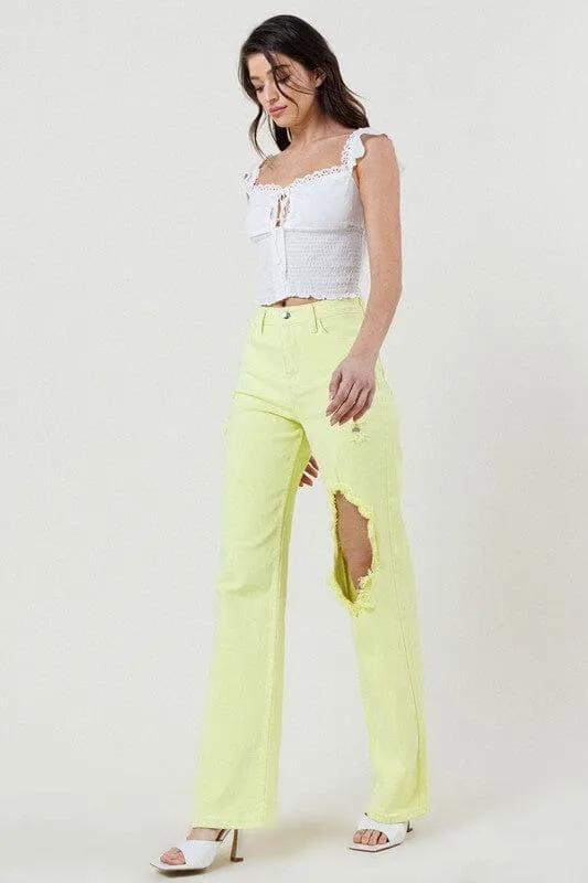 DISTRESSED WIDE CUT STRAIGHT LEG JEANS - Vibrant M.i.U