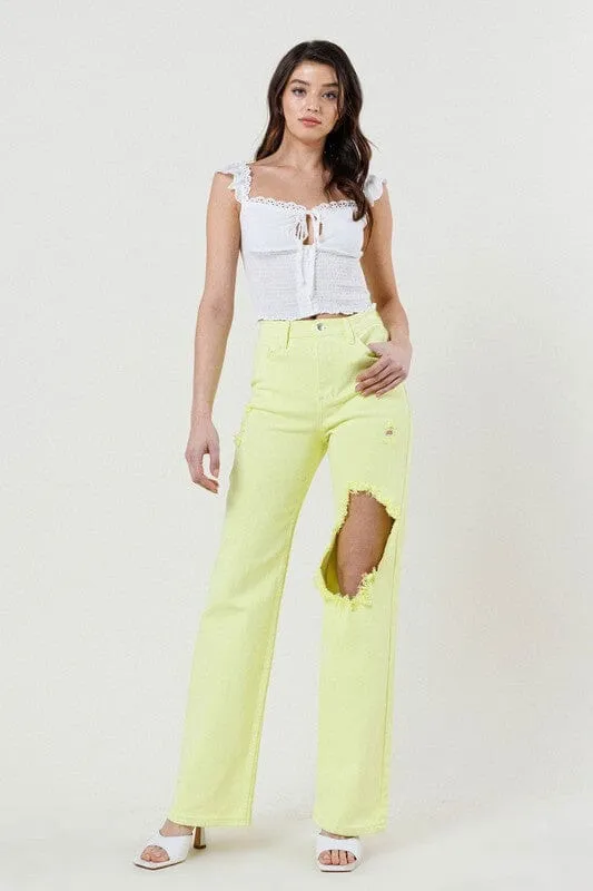 DISTRESSED WIDE CUT STRAIGHT LEG JEANS - Vibrant M.i.U