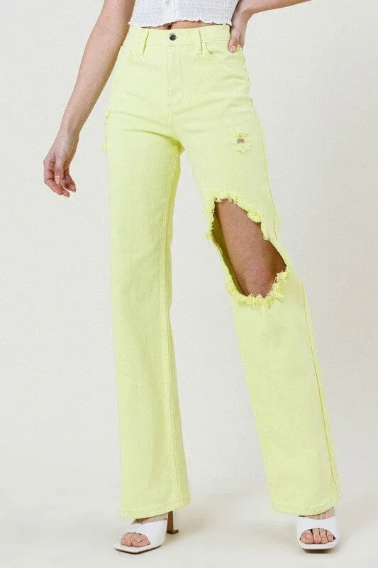 DISTRESSED WIDE CUT STRAIGHT LEG JEANS - Vibrant M.i.U