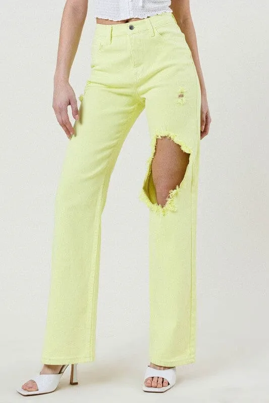 DISTRESSED WIDE CUT STRAIGHT LEG JEANS - Vibrant M.i.U