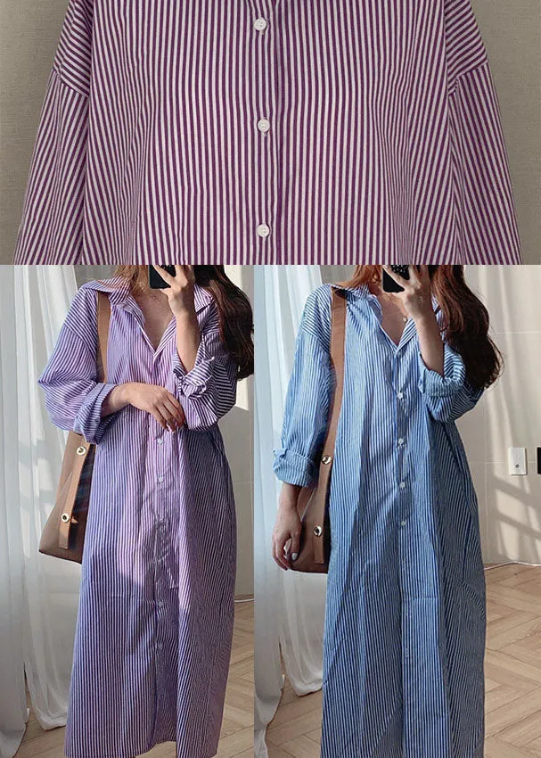 Fashion Purple Peter Pan Collar Striped Cotton Shirt Dresses Spring