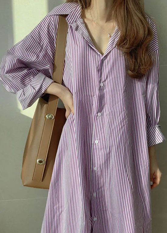 Fashion Purple Peter Pan Collar Striped Cotton Shirt Dresses Spring