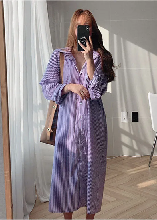 Fashion Purple Peter Pan Collar Striped Cotton Shirt Dresses Spring