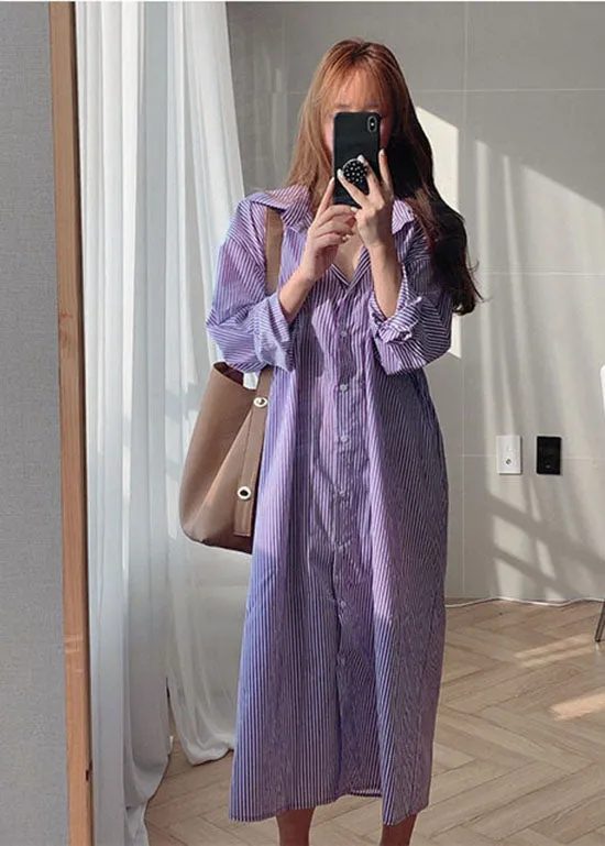 Fashion Purple Peter Pan Collar Striped Cotton Shirt Dresses Spring