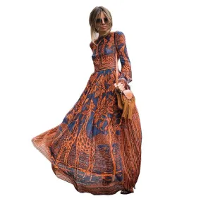 Fashion Women Long Chiffon Sleeve Print Maxi Dress