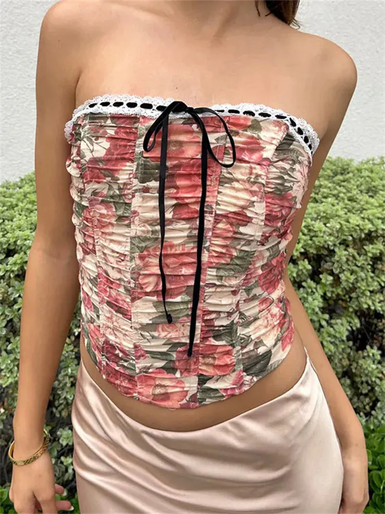 FashionSierra - 2024 Floral Print Lace Trim Off Shoulder Slim Tank Party Streetwear Tube Tops