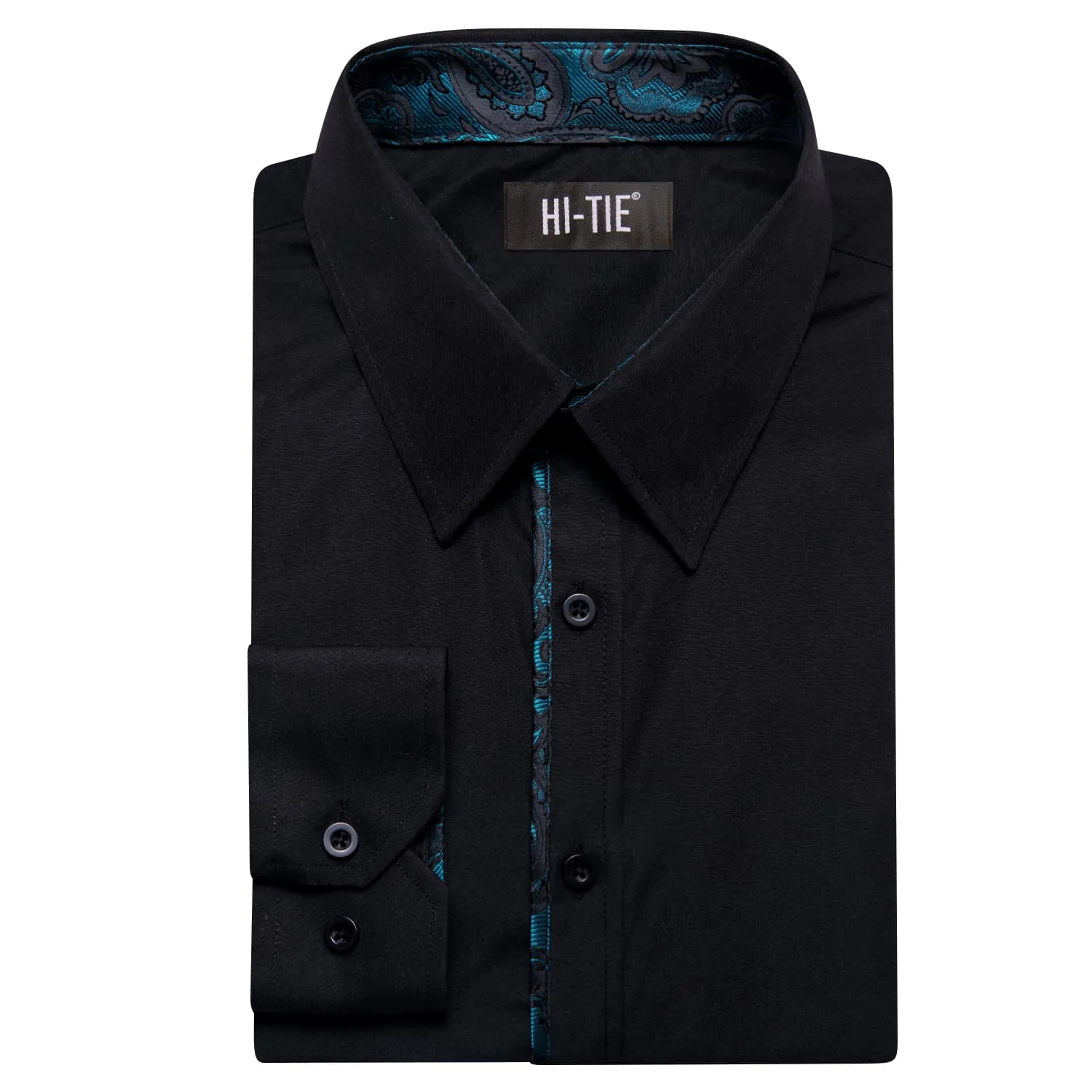 Hi-Tie Black Shirt with Teal Jacquard Collar Solid Shirt