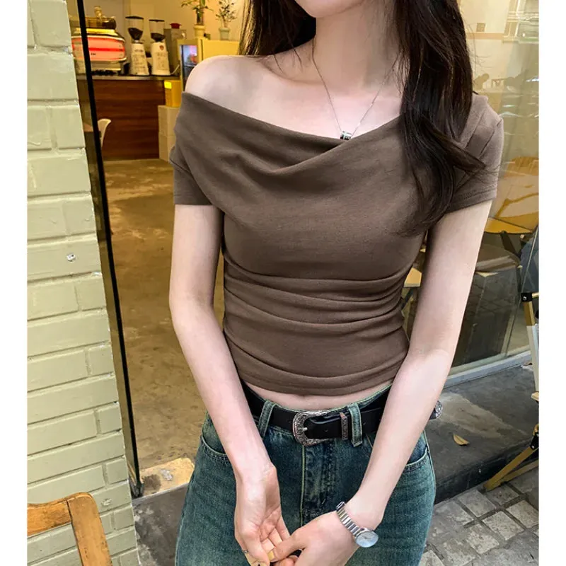 Hnewly New Sexy Sheathy V-neck Short Sleeve T-shirts Women 2024 Summer Fashion Slim Cropped Tops Woman Solid Casual Tees Tops