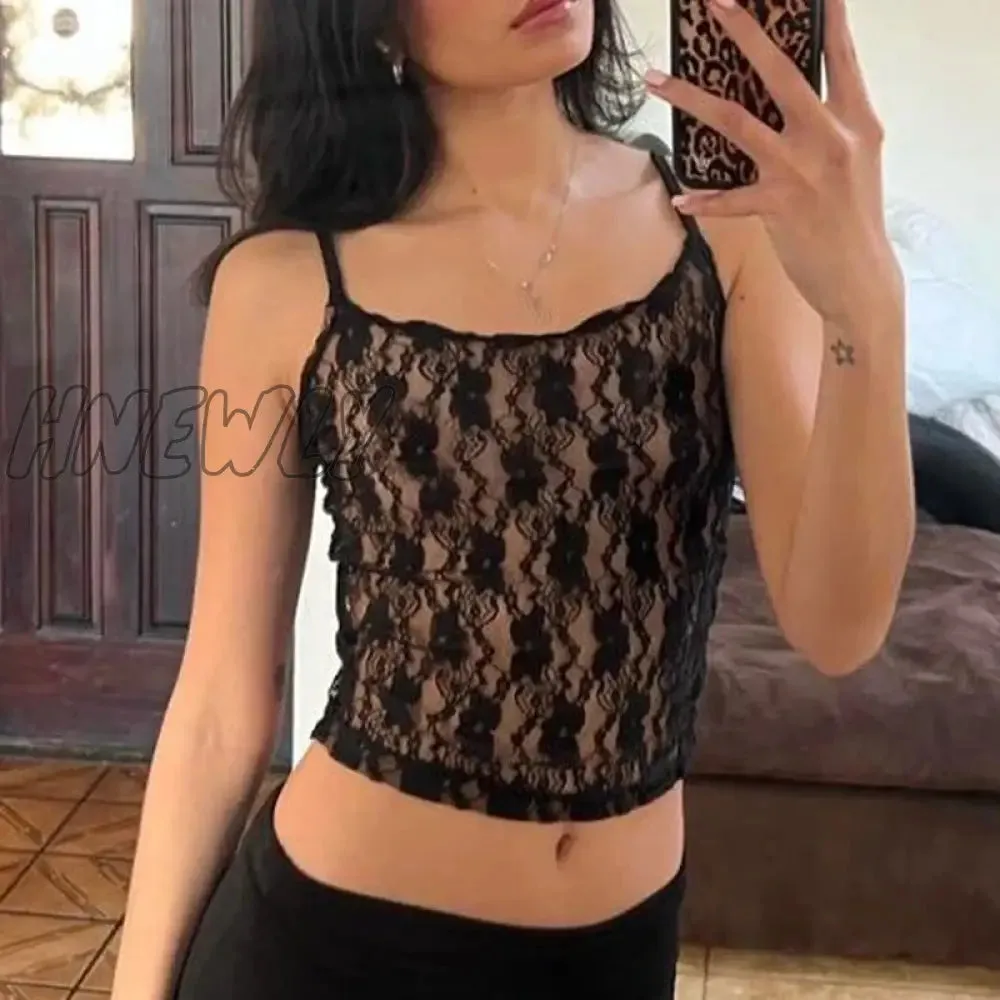 Hnewly Women's Y2K Vintage Basic Floral Lace Camisole Casual Summer Sheer See-through Sleeveless Crop Tops for Streetwear