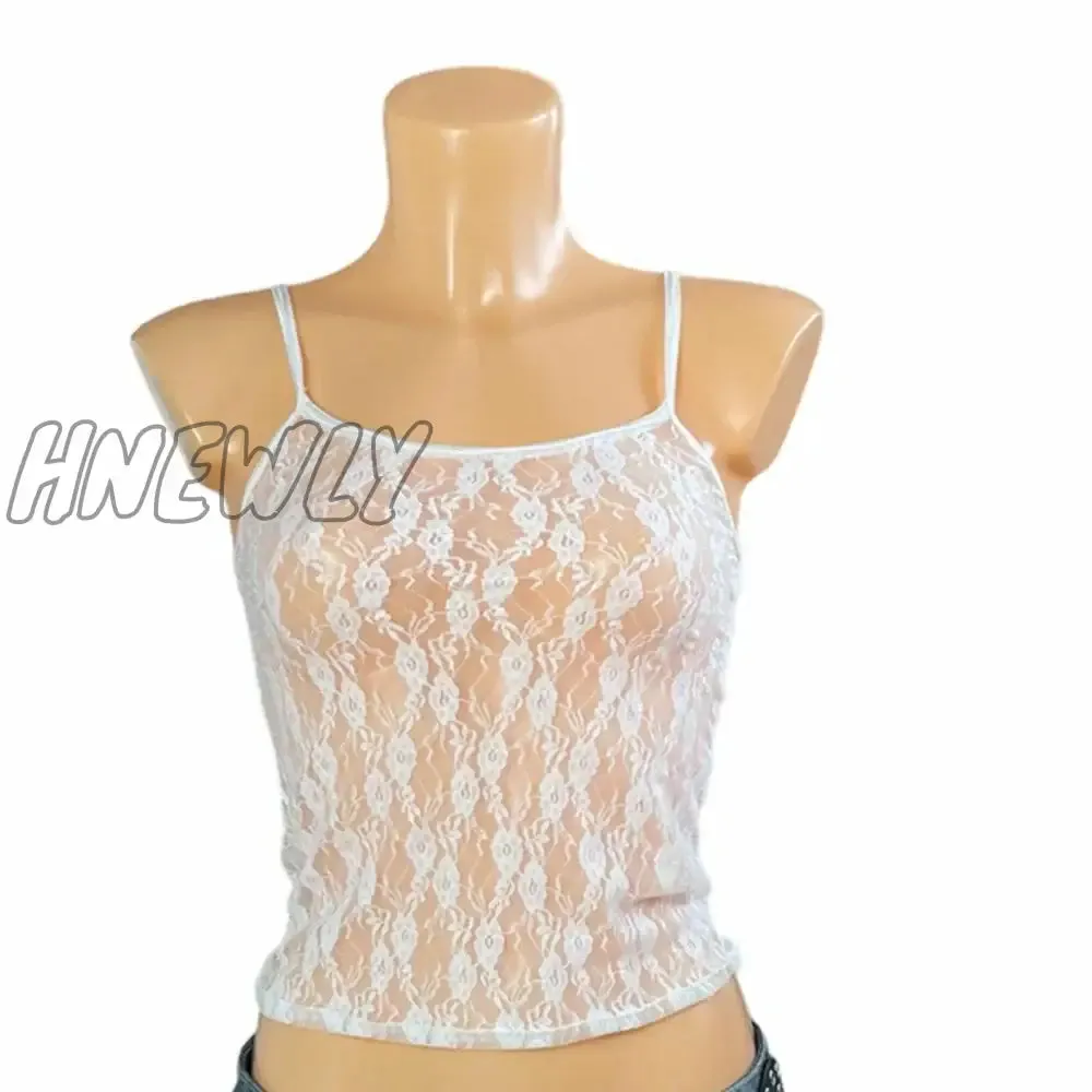 Hnewly Women's Y2K Vintage Basic Floral Lace Camisole Casual Summer Sheer See-through Sleeveless Crop Tops for Streetwear