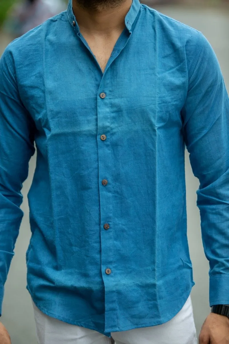 Indigo Mandarin Collar Khadi Shirt