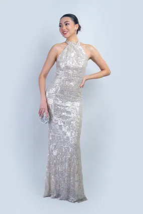 Ivory and Silver Halter Sequin Gown