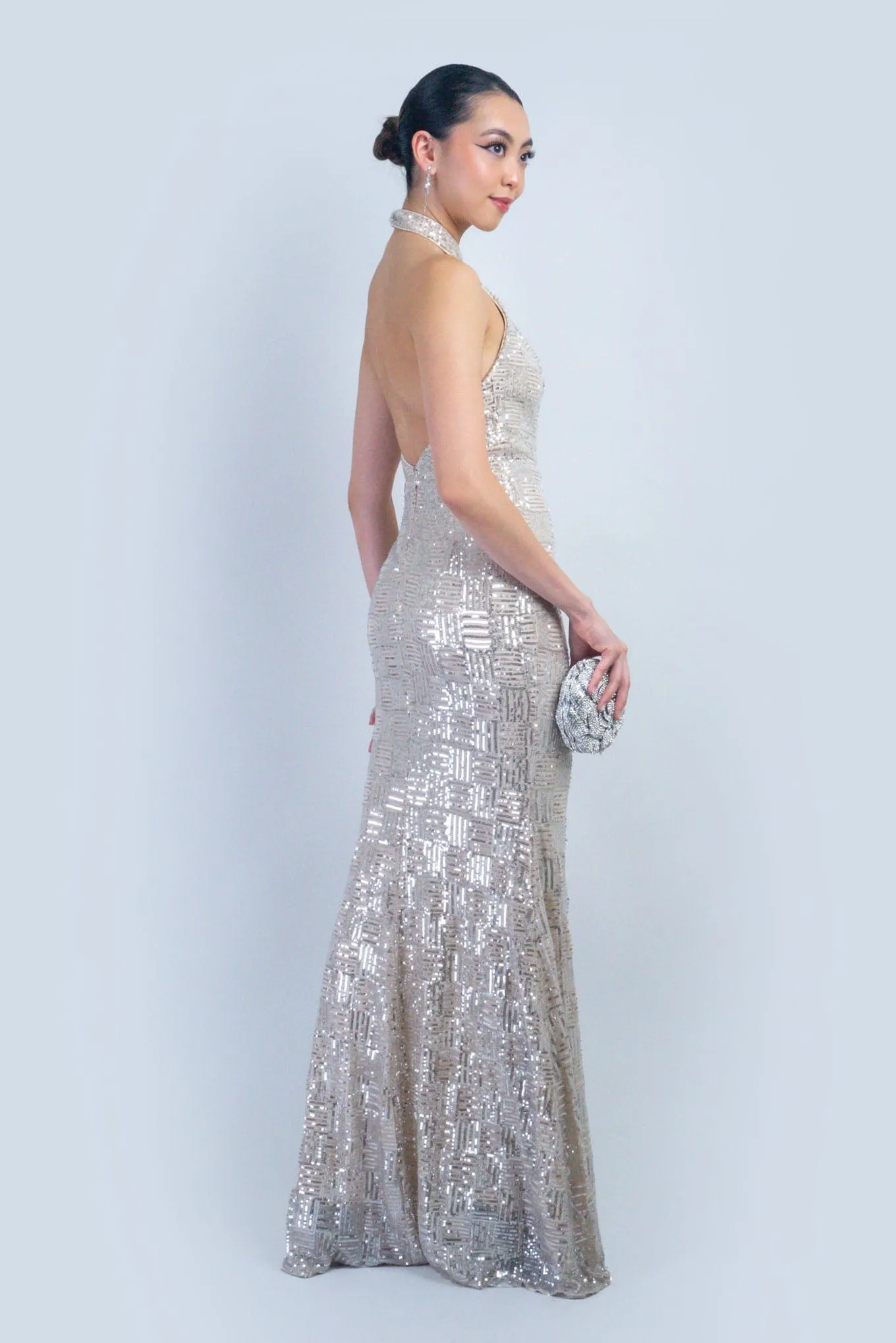 Ivory and Silver Halter Sequin Gown