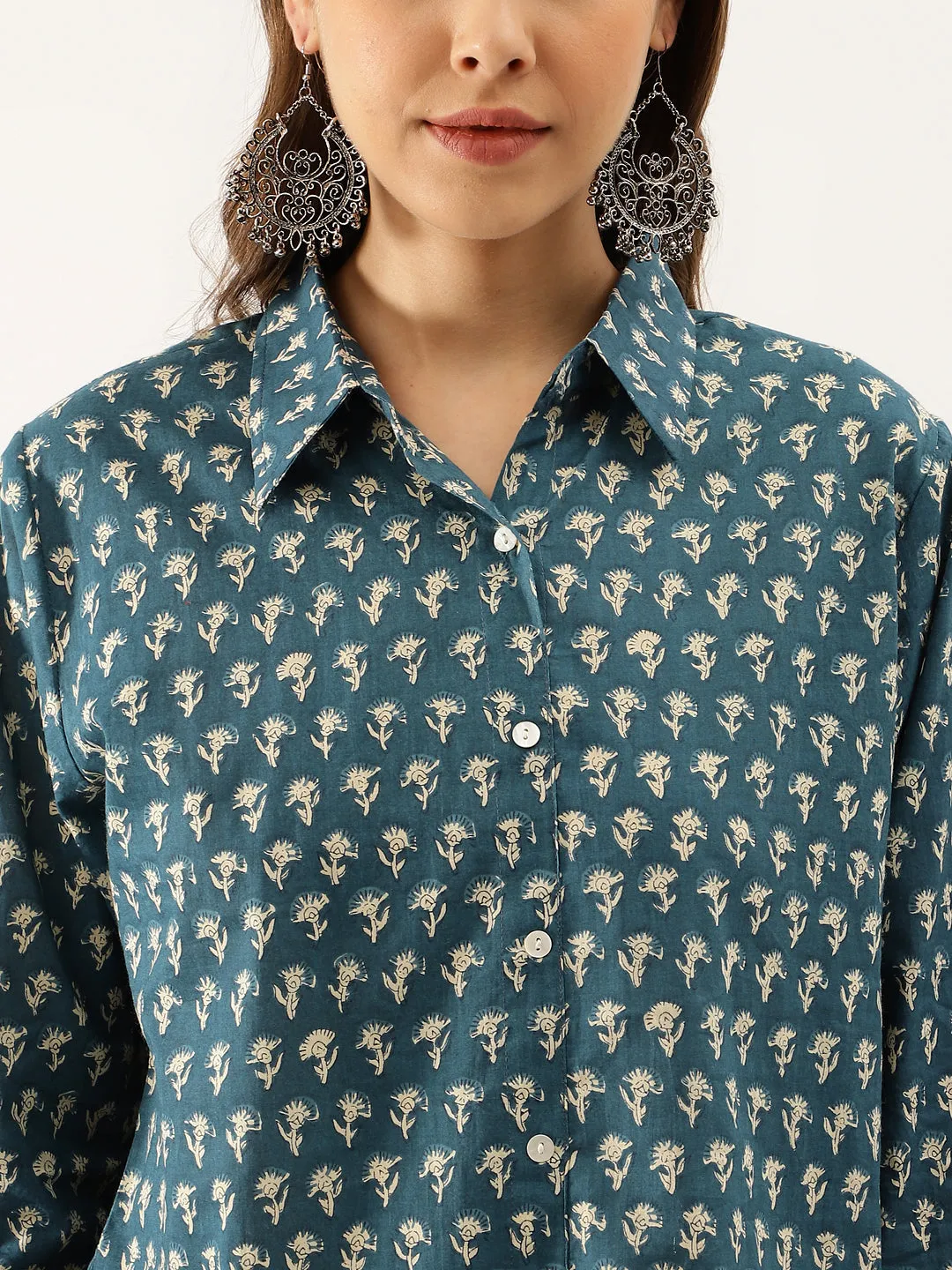 Jashvi Turquoise Blue Ethnic Motif Printed Casual Women Shirts