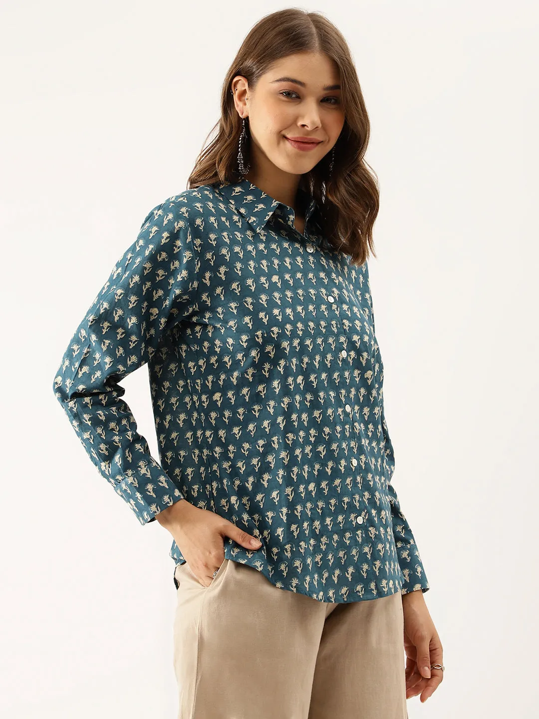 Jashvi Turquoise Blue Ethnic Motif Printed Casual Women Shirts