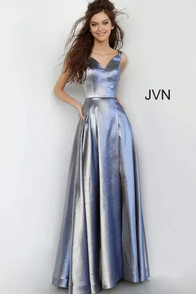 Jovani JVN3777 Size 14 Metallic Royal Off the Shoulder Prom Dress V Neck Maxi Slit Gown