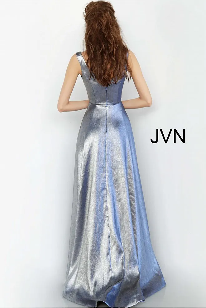 Jovani JVN3777 Size 14 Metallic Royal Off the Shoulder Prom Dress V Neck Maxi Slit Gown