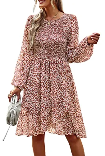 KIRUNDO 2023 Spring Summer Women's Casual Long Sleeve Smocked Boho Floral Mini Dress Crewneck Chiffon Ruffle Flowy Dresses(Brown, Medium)