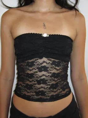 Lace Bandeau Strapless Mini Rose Decor Summer Crop Mesh Top