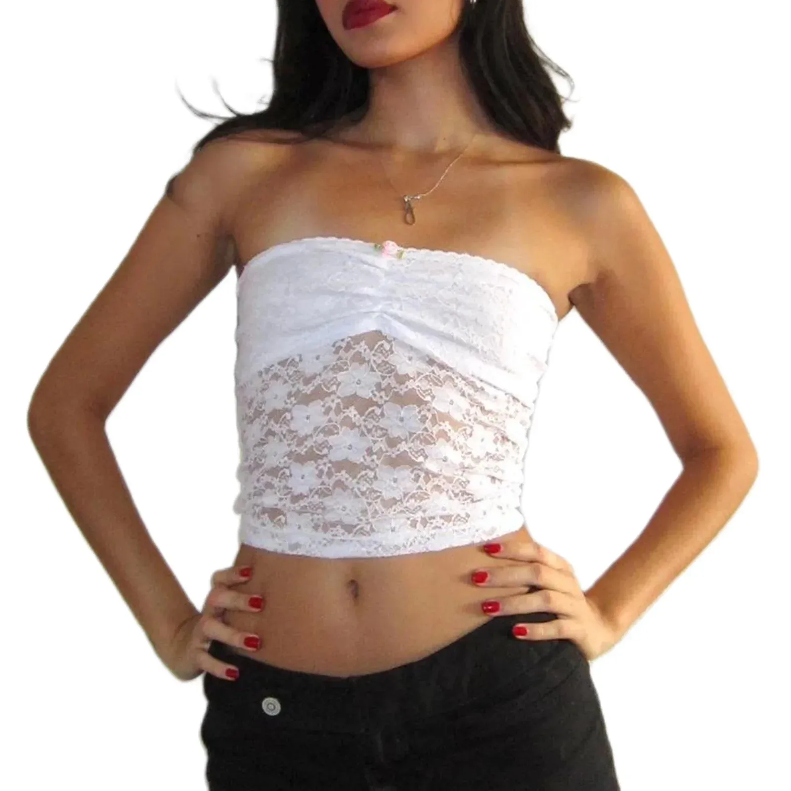 Lace Bandeau Strapless Mini Rose Decor Summer Crop Mesh Top