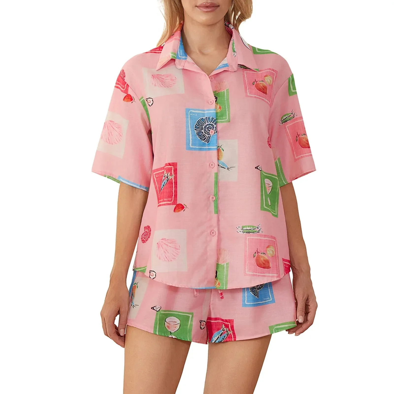 Lapel Neck Button Down Short Sleeve Lemon Print Out Fits Summer Pajamas