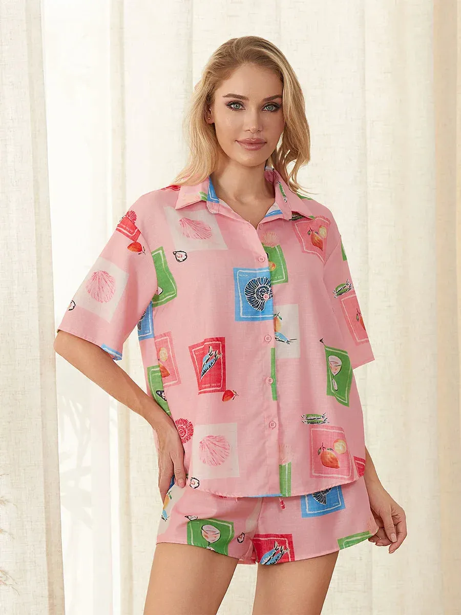 Lapel Neck Button Down Short Sleeve Lemon Print Out Fits Summer Pajamas