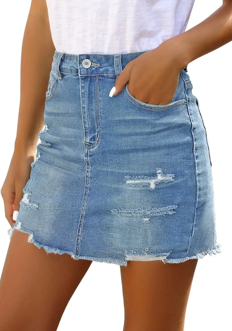 Light Blue Distressed Frayed Hem Denim Mini Skirt