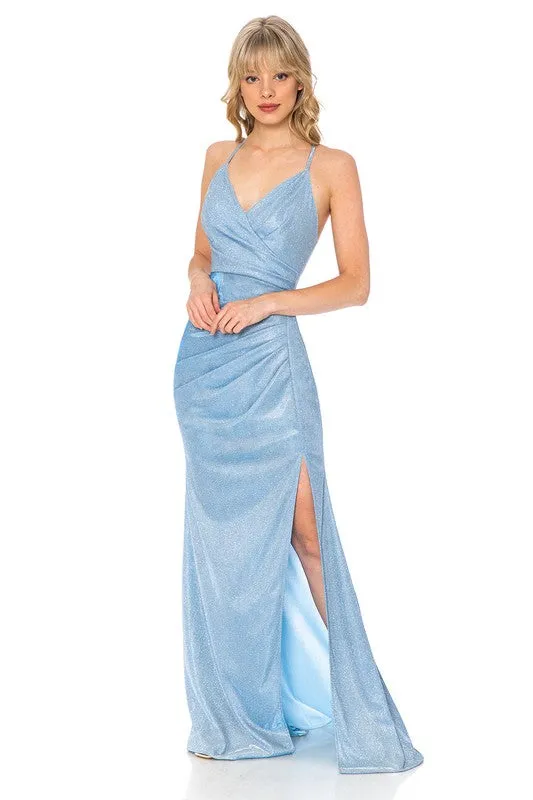 Light Blue Metallic Thigh Slit Formal Dress